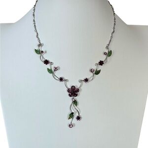 Silver-Tone Purple Crystal Floral Necklace with Enamel Leaves